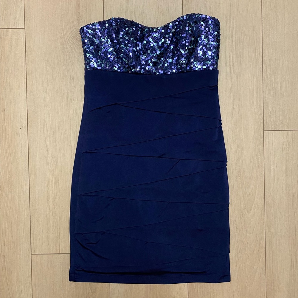 Speechless Sequin Strapless Ruched Navy Blue Cocktail Dress - Size Juniors M